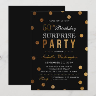 Gold Confetti & Black Surprise Birthday Party Invitation