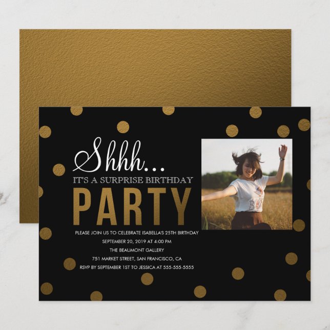 Gold Confetti & Black Surprise Party Invitation (Front/Back)