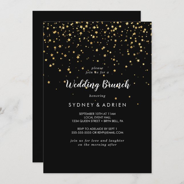Gold Confetti | Black Wedding Brunch Invitation (Front/Back)