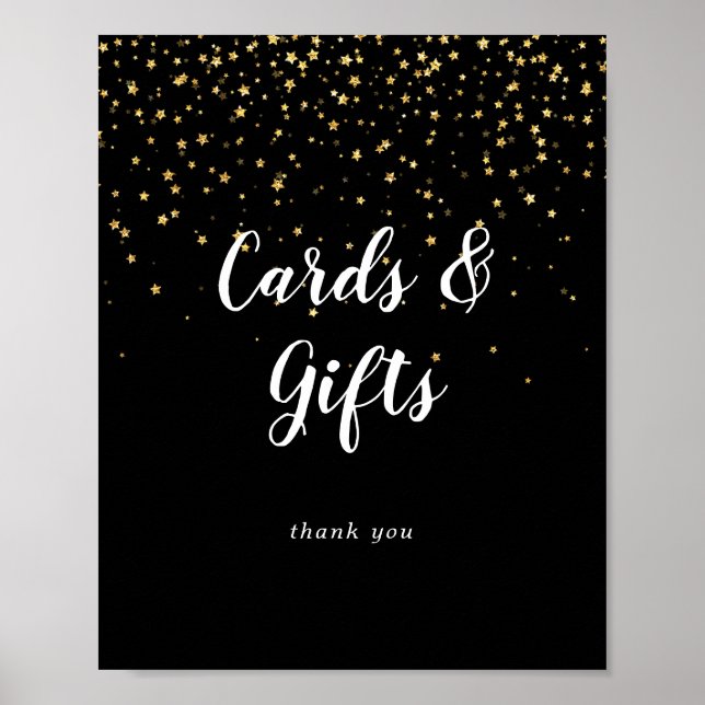 Gold Confetti | Black Wedding Cards and Gifts Sign (Front)