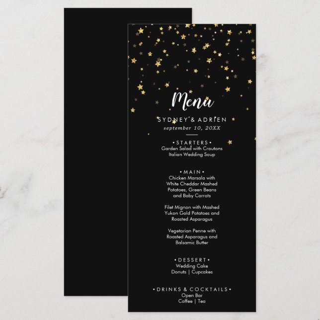 Gold Confetti | Black Wedding Dinner Menu (Front/Back)