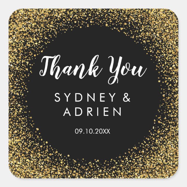 Gold Confetti | Black Wedding Thank You Favour Square Sticker (Front)