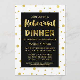 Gold Confetti Black White Rehearsal Dinner Party Invitation