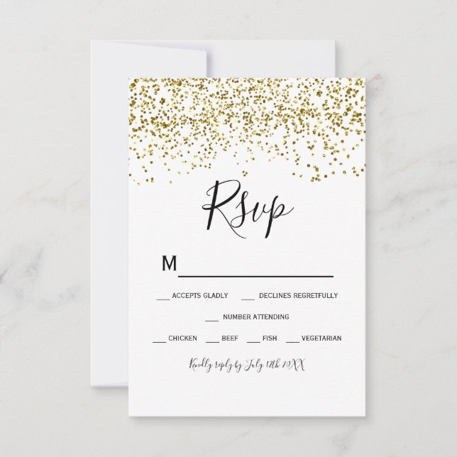Gold confetti  black white typography rsvp (Front)