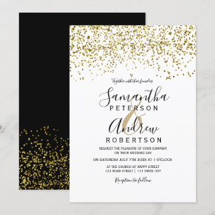 Gold confetti black white typography wedding invitation