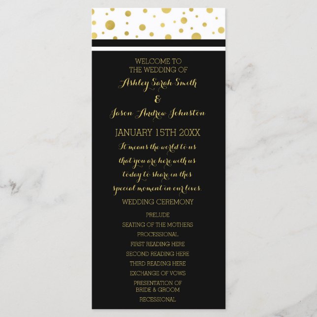 Gold Confetti Black White Wedding Program Programme (Front)