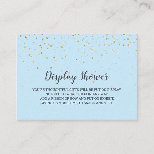 Gold Confetti Blue Baby Display Shower Enclosure Card (Front)