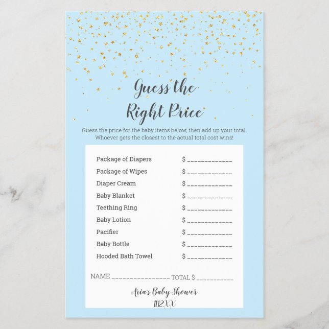 Gold Confetti Blue Shower GuessThe Right Price Flyer (Front)