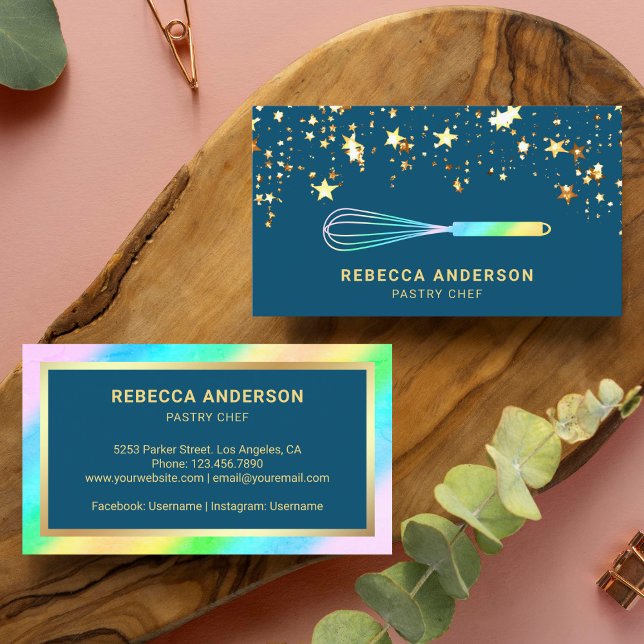 Gold Confetti Blue Whisk Pastry Chef Bakery Business Card (Creator Uploaded)