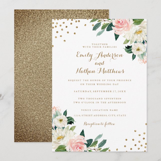 Gold Confetti Blush Floral Wedding Invitation (Front/Back)