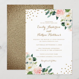 Gold Confetti Blush Floral Wedding Invitation