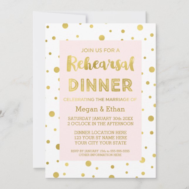 Gold Confetti Blush Pink Rehearsal Dinner Party Invitation (Back)