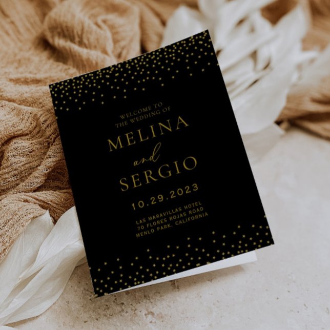 Gold Confetti Boho Black Folded Wedding  Programme (Creator Uploaded)