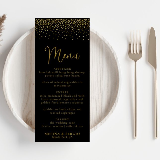 Gold Confetti Boho Black Wedding Menu (Creator Uploaded)