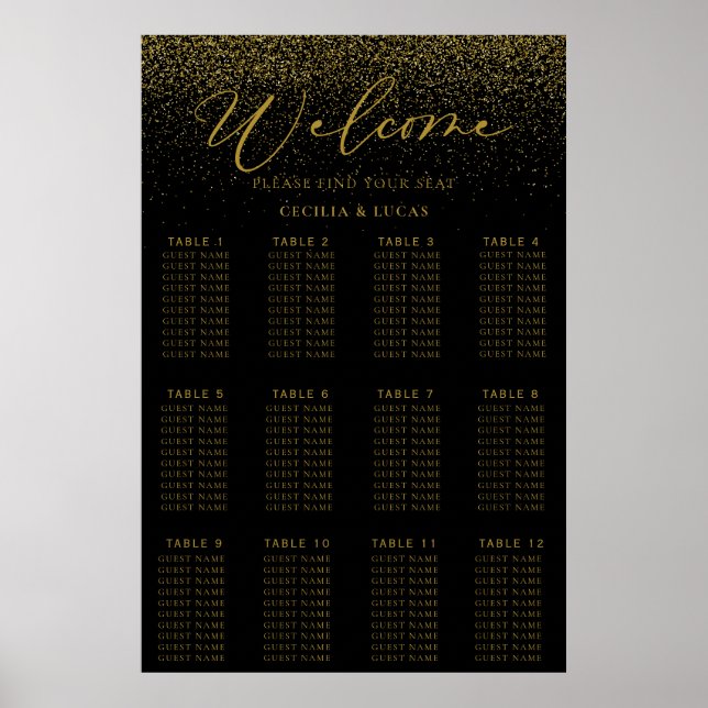 Gold Confetti Boho Black Wedding Seating Chart (Front)
