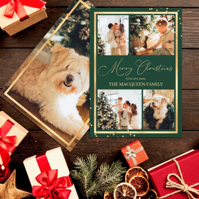 Gold Confetti Border Green Photo Collage Christmas Holiday Card (Creator Uploaded)