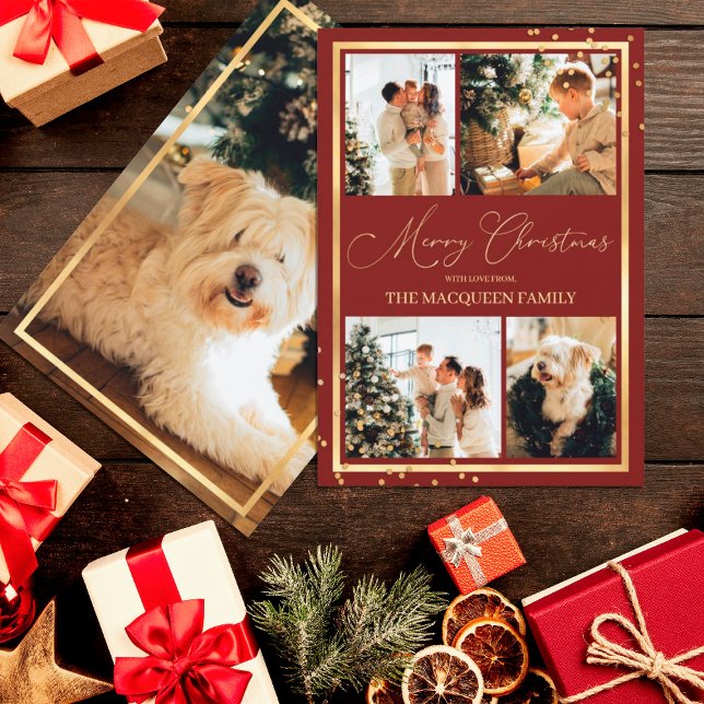 Gold Confetti Border Red Photo Collage Christmas Holiday Card (Creator Uploaded)