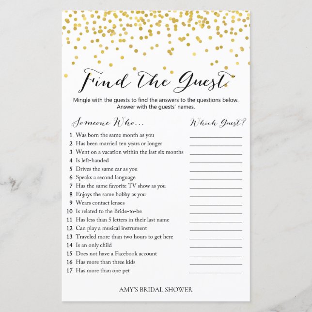 Gold Confetti Bridal Shower Game - Find the Guest (Front)