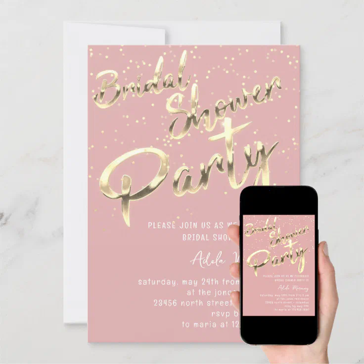 Gold Confetti Bridal Shower Script Pink Rose Invitation Zazzle