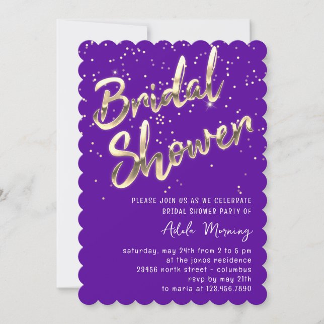 Gold Confetti Bridal Shower Script Purple Invitation (Front)