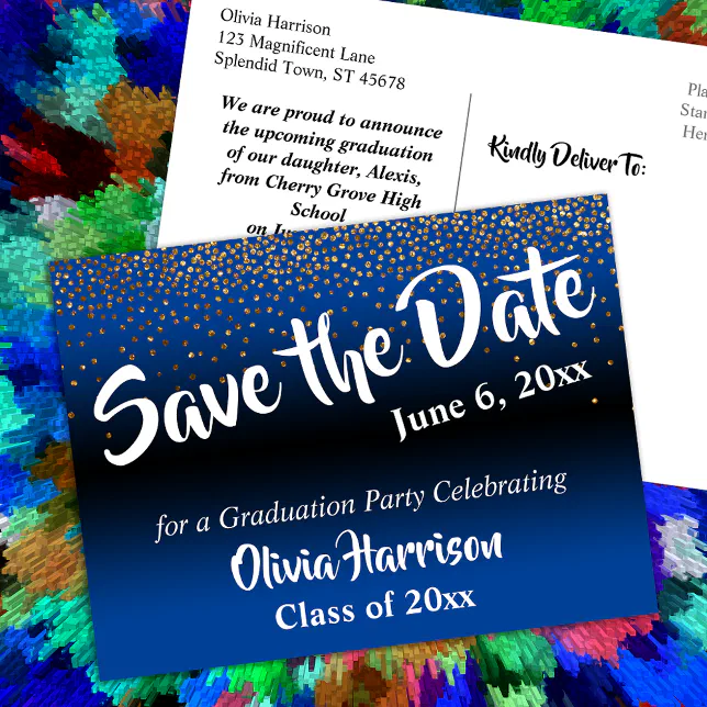 Gold Confetti Bright Blue Graduation Save the Date Postcard | Zazzle