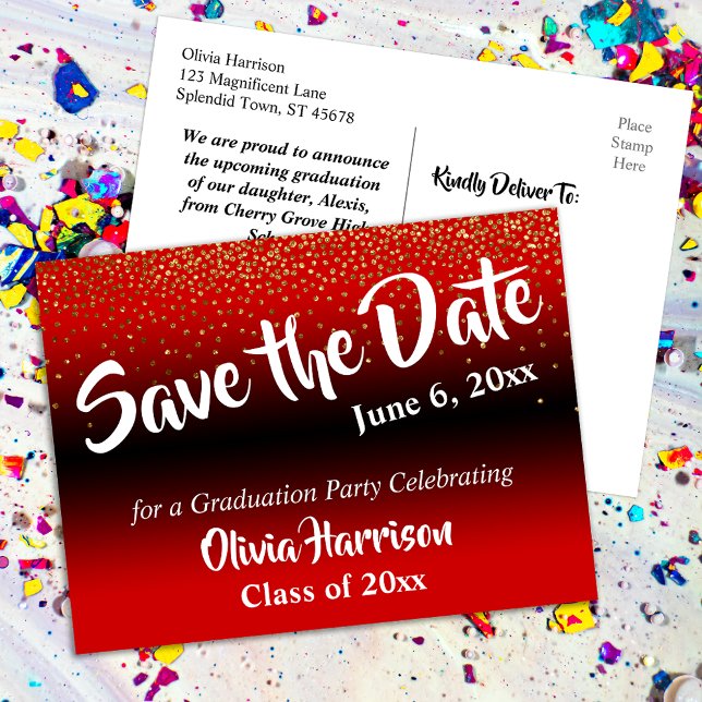 Gold Confetti Bright Red Graduation Save the Date Postcard (Creator Uploaded)