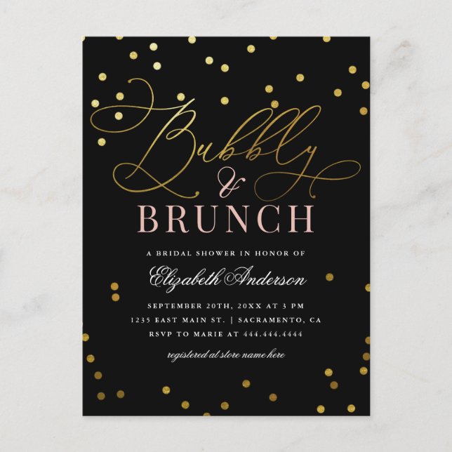 Gold Confetti Bubbly & Brunch Bridal Shower Invitation Postcard (Front)