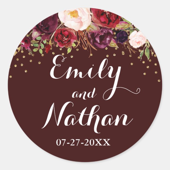 Gold Confetti Burgundy Floral Fall Wedding Sticker (Front)