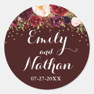 Gold Confetti Burgundy Floral Fall Wedding Sticker