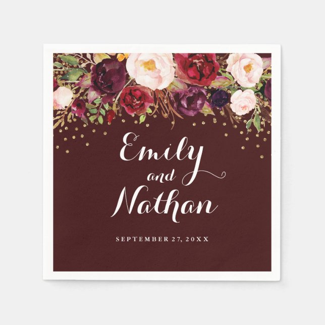 Gold Confetti Burgundy Floral Wedding Napkin (Front)