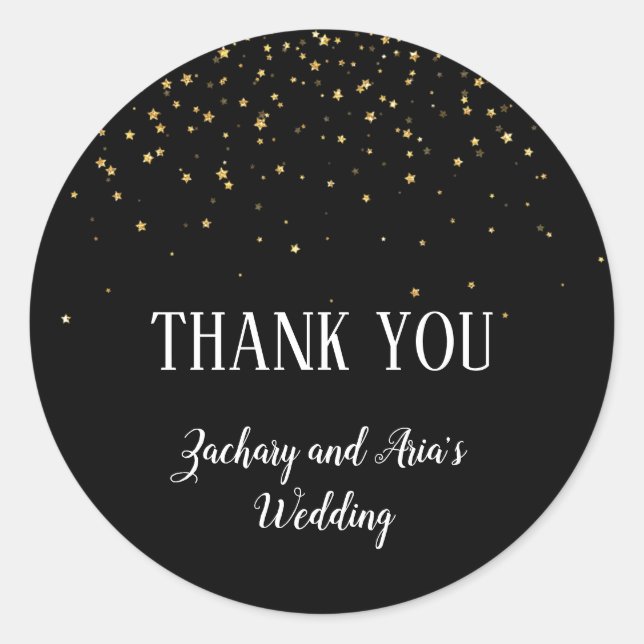 Gold Confetti Calligraphy|Black Thank You Favour Classic Round Sticker (Front)