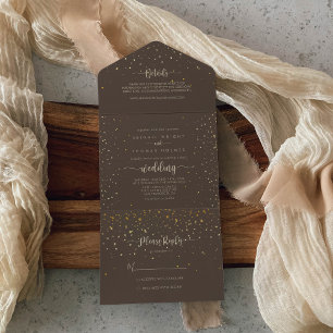 Gold Confetti Calligraphy Brown Wedding   All In One Invitation