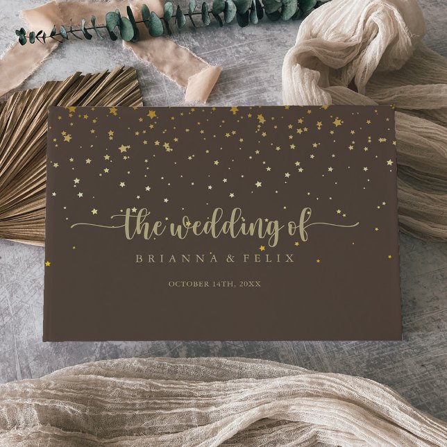 Gold Confetti Calligraphy Brown Wedding  Guest Book (Creator Uploaded)