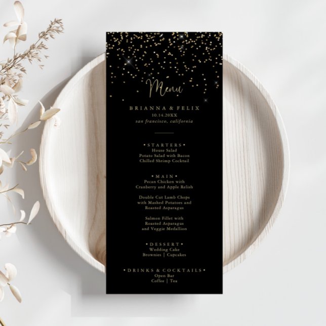 Gold Confetti Calligraphy Fancy Script Dinner Menu (Creator Uploaded)