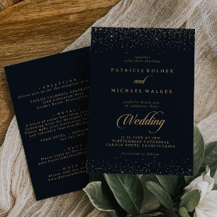 Gold Confetti Calligraphy Front and Back Wedding Invitation