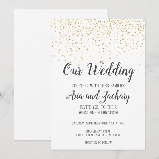 Gold Confetti Calligraphy Our Wedding Invitation (Front/Back)