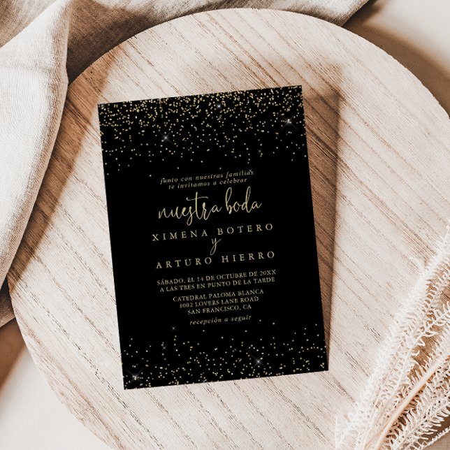 Gold Confetti Calligraphy Script Nuestra Boda  Invitation (Creator Uploaded)