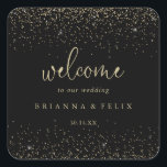 Gold Confetti Calligraphy Script Wedding Welcome  Square Sticker<br><div class="desc">This gold confetti calligraphy script wedding welcome square sticker is perfect for a rustic wedding. The simple and elegant design features sparkling gold confetti coupled with a stylish script typography.

These labels are perfect for hotel guest welcome bags and destination weddings.</div>