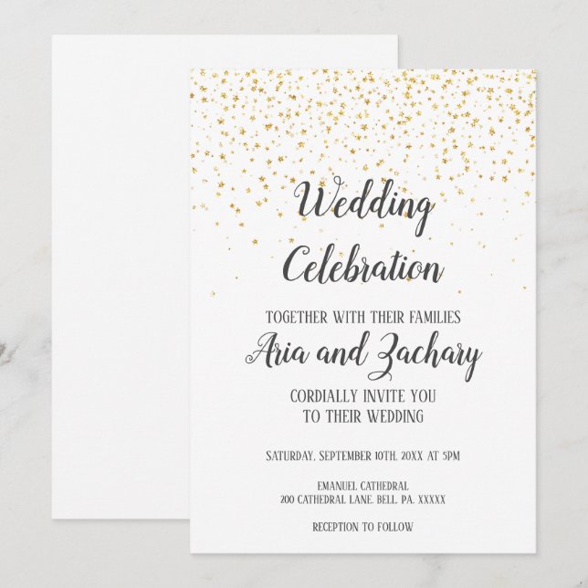 Gold Confetti Calligraphy Wedding Celebration  Invitation (Front/Back)