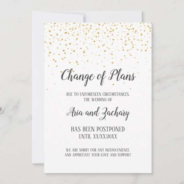 Gold Confetti Calligraphy Wedding Change of Plans Invitation (Front)