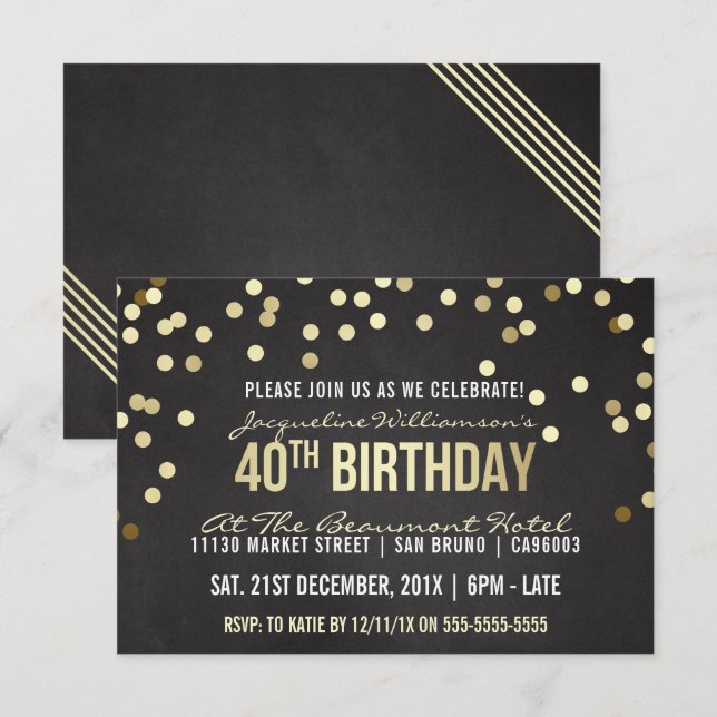 Gold Confetti Chalkboard Woman's 40th Birthday Invitation (Front/Back)