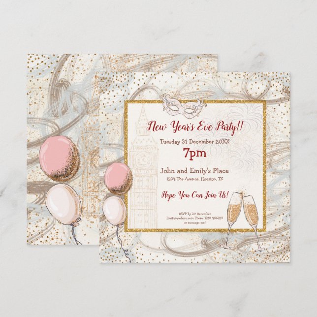 Gold Confetti Champagne Glam New Year Party Invitation (Front/Back)
