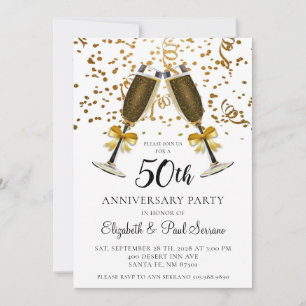 Gold Confetti Champagne Glasses 50th Anniversary  Invitation