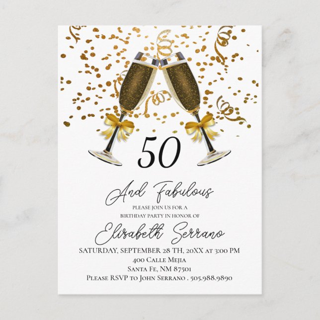 Gold Confetti Champagne Glasses 50th Birthday Invitation Postcard (Front)