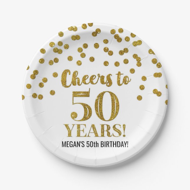 Gold Confetti Cheers to 50 Years Birthday Paper Plate (Front)