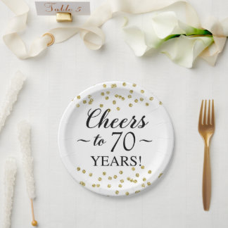 Gold Confetti Cheers to 70 Years Paper Plate