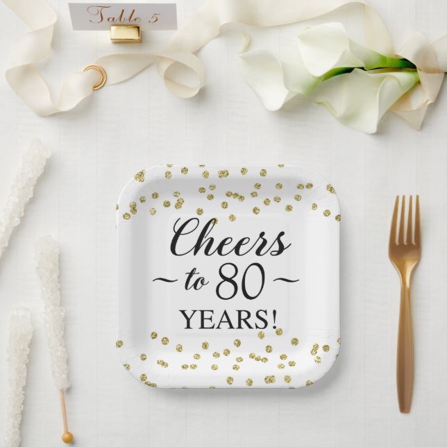 Gold Confetti Cheers to 80 Years Paper Plate (Wedding)