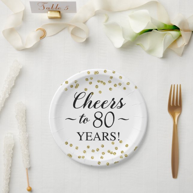 Gold Confetti Cheers to 80 Years Paper Plate (Wedding)