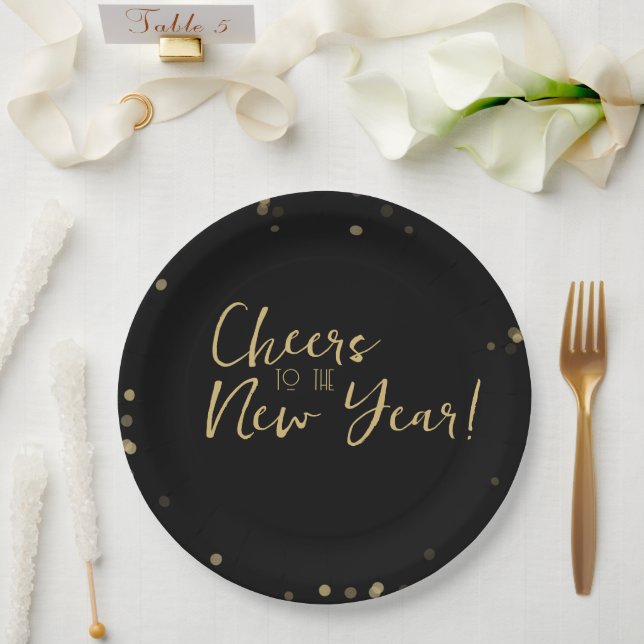Gold Confetti Cheers to the New Year Paper Plate (Wedding)