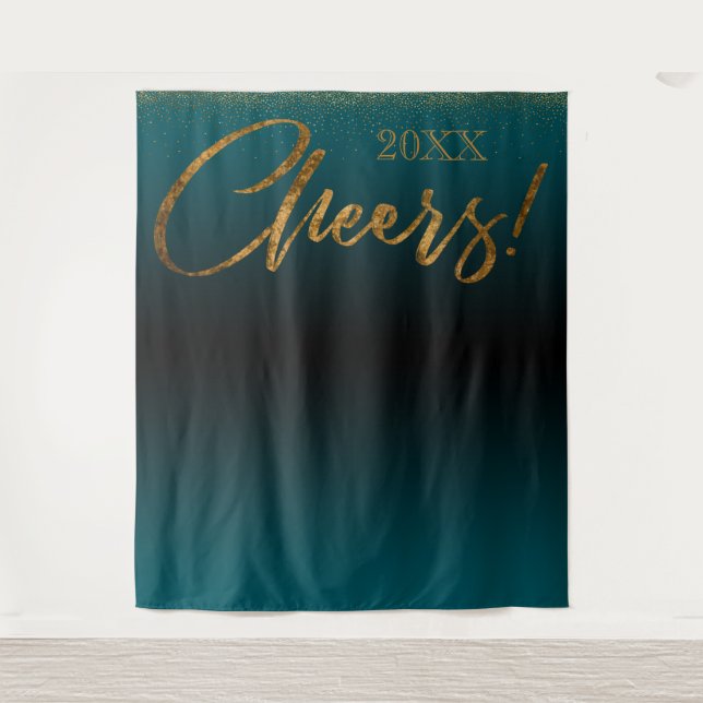 Gold Confetti "Cheers!" Year Teal Ombre Backdrop Tapestry (Front)